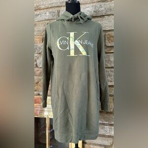Calvin Klein Jeans Extra Long Hooded Sweatshirt: Size Small; Olive Green